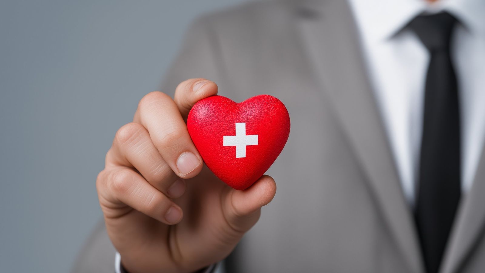 Une main tient un cœur rouge marqué d’une croix suisse